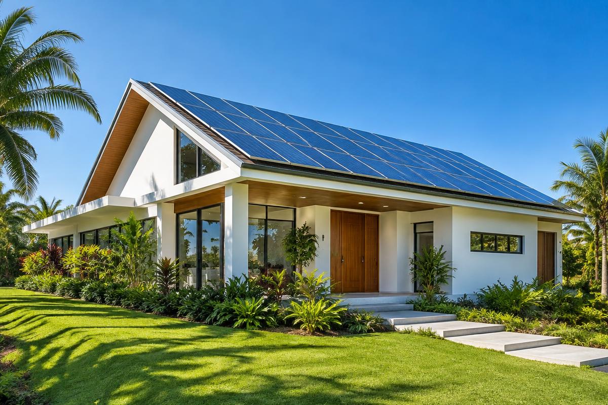 Casa moderna com painéis solares no telhado